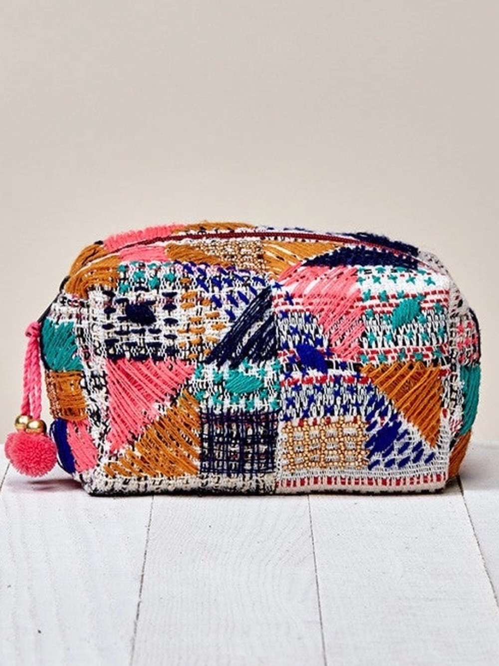 Colorful Handwoven Patchwork Cosmetic Bag with Pink Pom Tassel